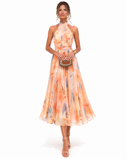 Chiara | Abito a halter con scollo e stampa ad acquerello