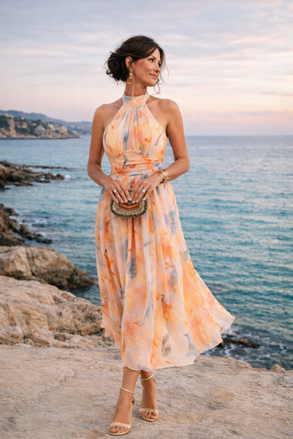Chiara | Abito a halter con scollo e stampa ad acquerello